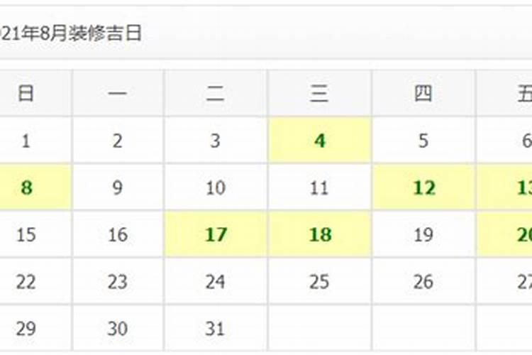 2021年装修黄道吉日一览表